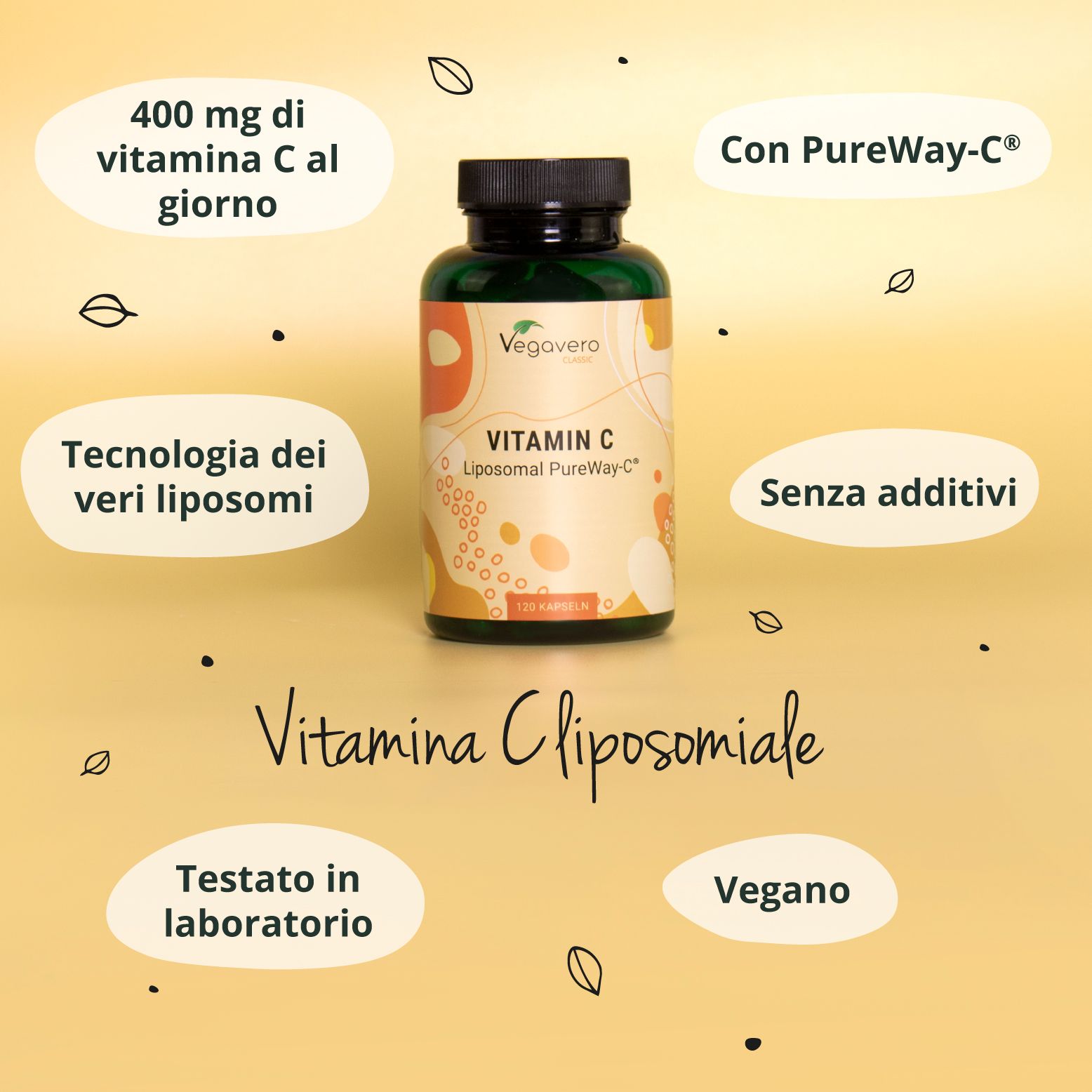 Flacone di vitamina C e testo. Scritta: VEGAVERO, Vitamina C Liposomiale, 120 capsule. Testi aggiuntivi.