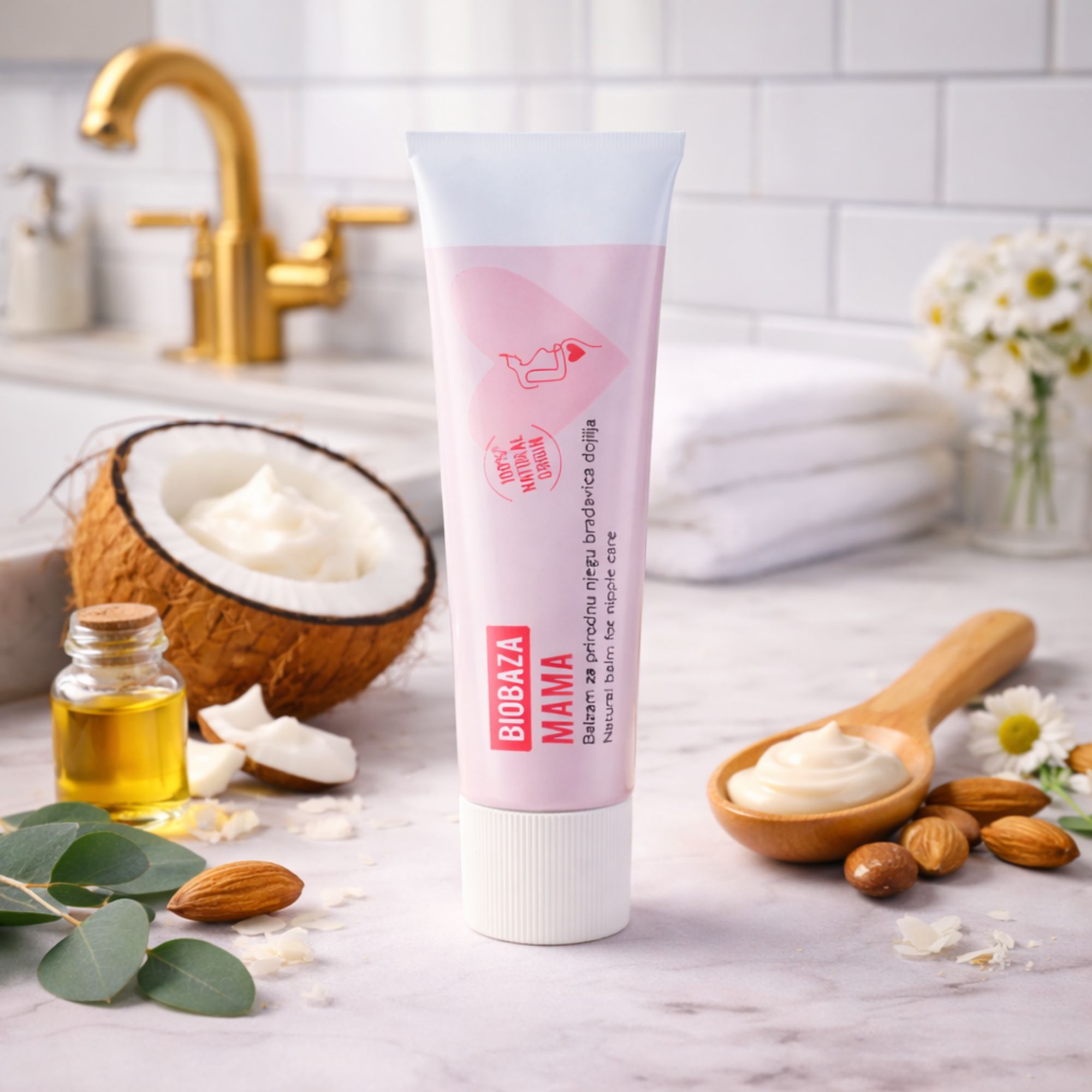 Tubo rosa con tappo bianco. Scritto: Biobaza Mama, balsamo per capezzoli. Cocco, olio, mandorle e crema.