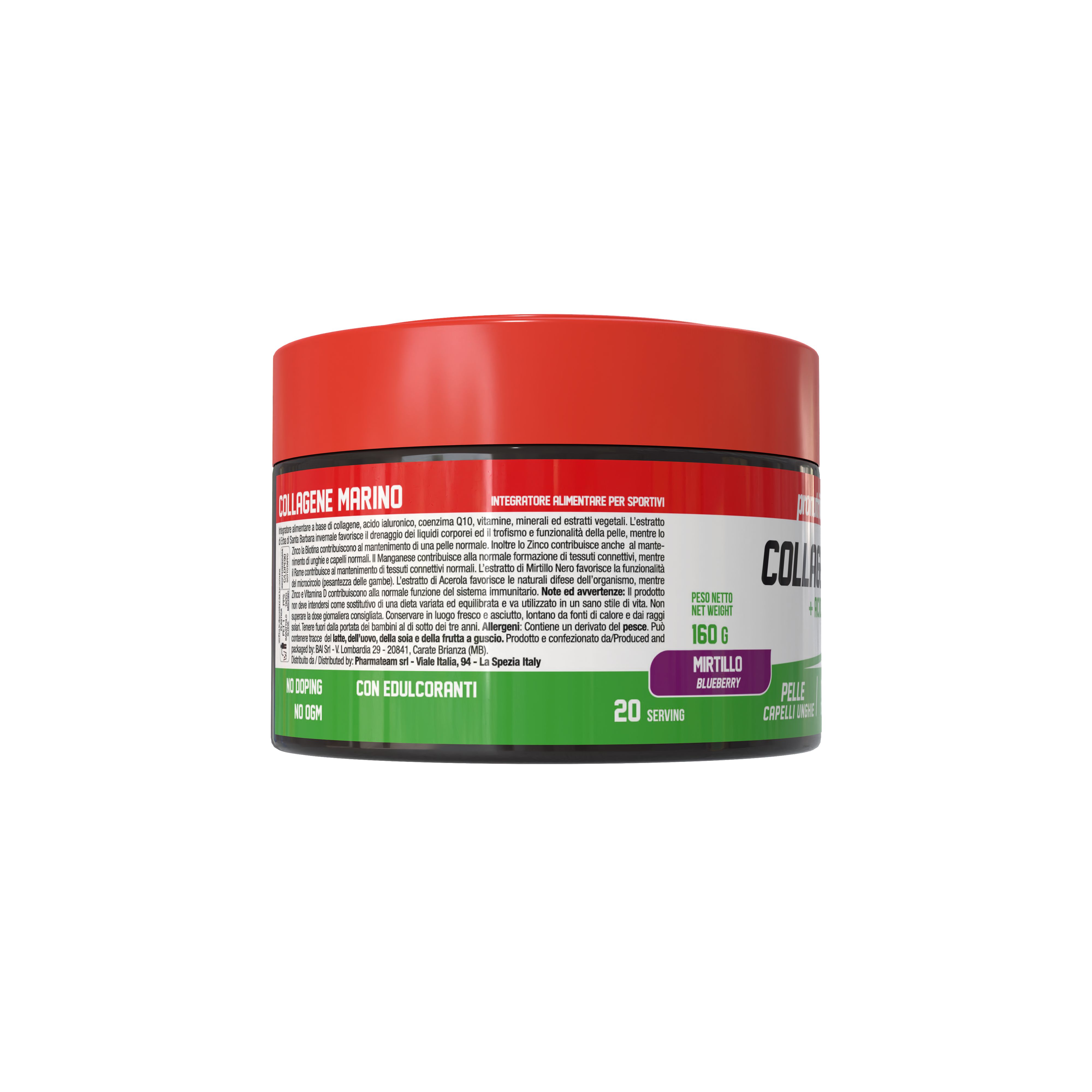 Prodotto rotondo, rosso e verde. Testo: Collagene Marino, Mirtillo, 160g, 20 porzioni, con edulcoranti.