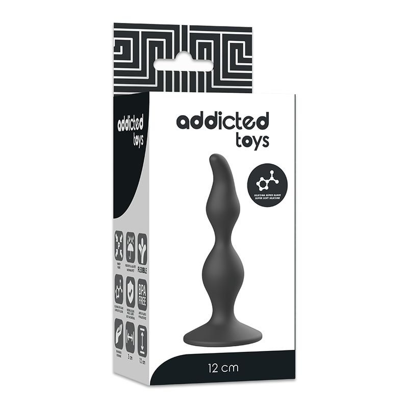 Confezione con plug anale. Marchio 'Addicted Toys'. Prodotto: plug anale nero curvo. 12 cm.