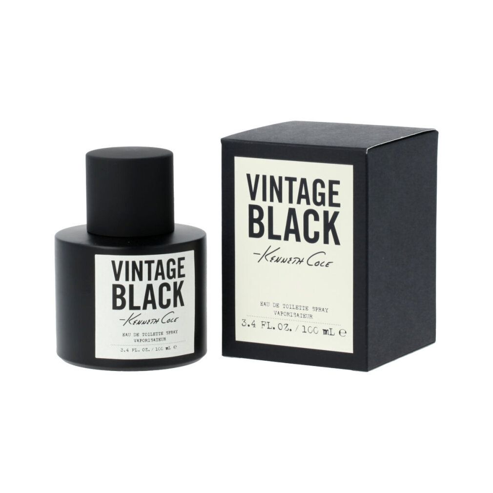Flacone e scatola neri. Scritta: VINTAGE BLACK -Kenneth Cole-. Eau de Toilette Spray. 3.4 FL. OZ. / 100 ml. Flacone e scatola.