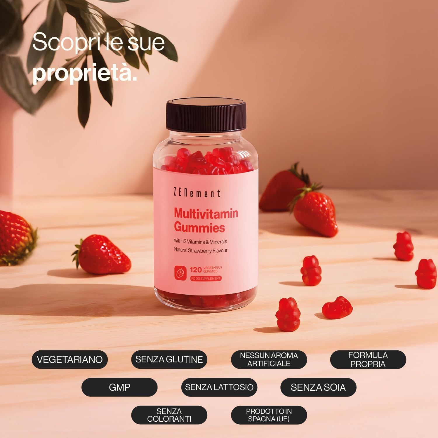 Barattolo di caramelle gommose multivitaminiche Zenement, fragole e orsetti gommosi. Testo: Vegetariano, senza glutine, senza aromi artificiali, senza soia.