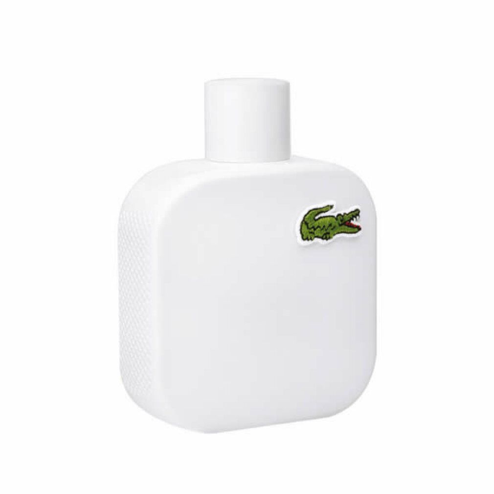 Flacone bianco con tappo bianco e logo coccodrillo Lacoste. Forma quadrata con angoli arrotondati.