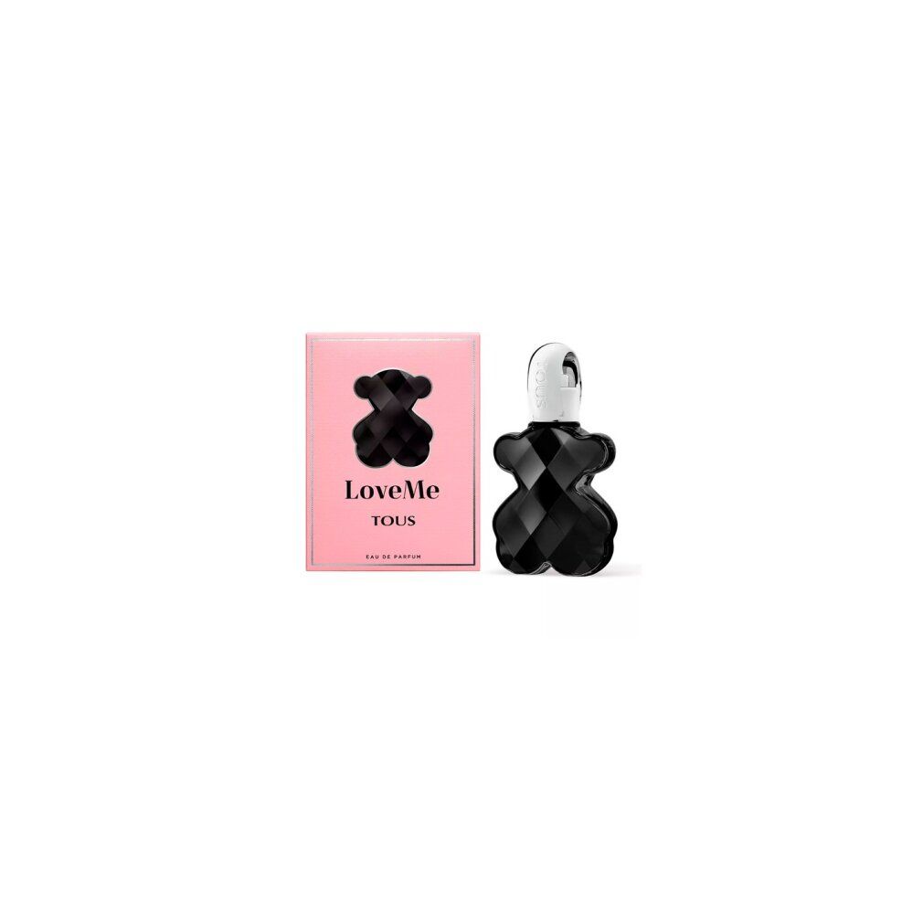 Flacone nero a forma di orso e confezione rosa. Scritta: LoveMe TOUS Eau de Parfum.