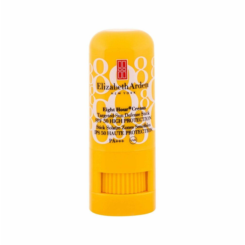 Stick solare giallo chiuso. Nome del prodotto e SPF visibili. Scritta e logo.