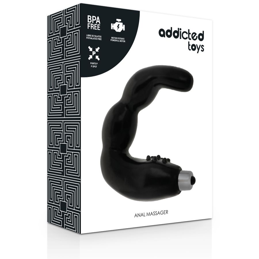 Massaggiatore anale nero in confezione. Scritta "Addicted Toys". Senza BPA. Con vibrazione.