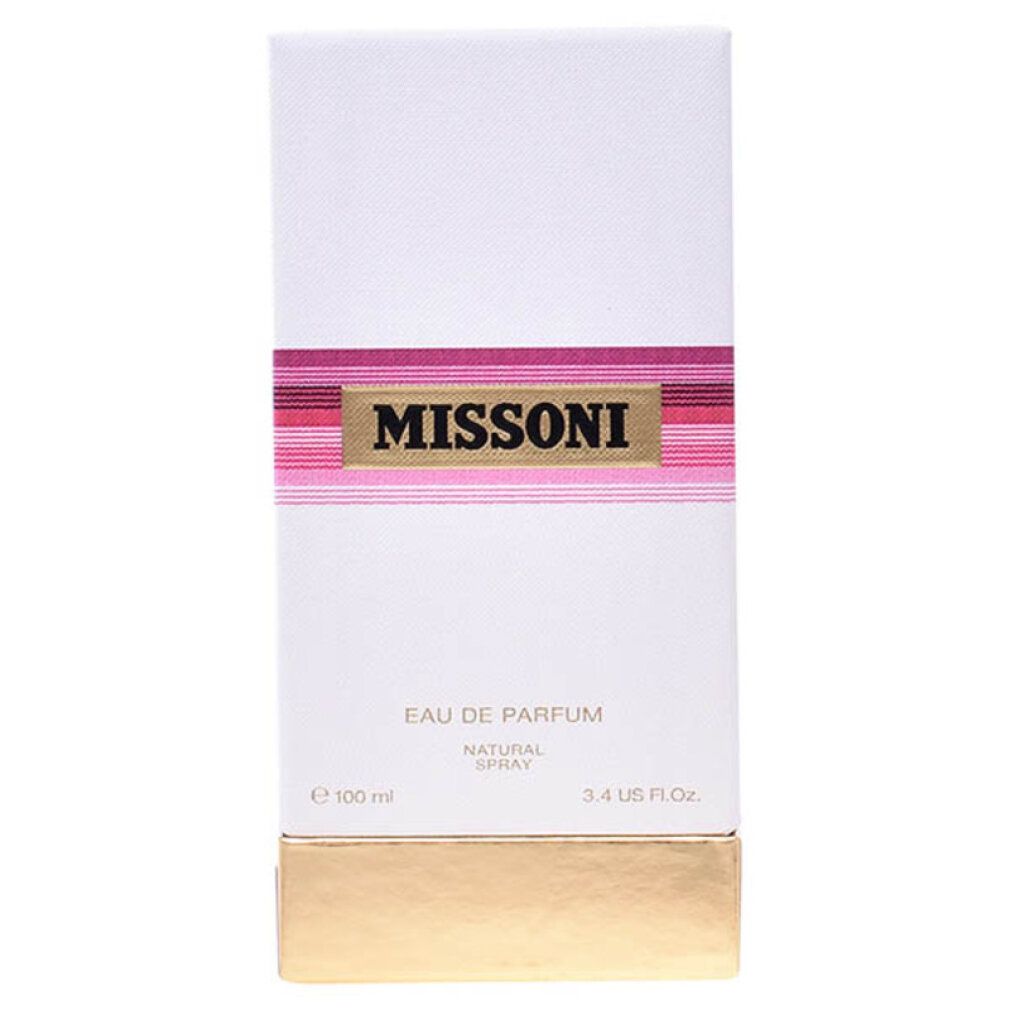 Scatola rettangolare bianca con strisce rosa e base dorata. Scritta: MISSINI, Eau de Parfum, Natural Spray.