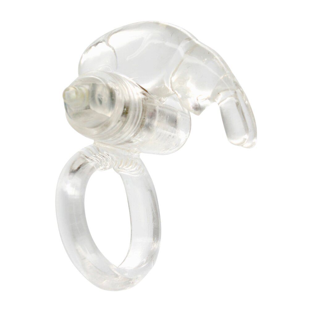 Anello fallico trasparente vibrante. Parte ad anello e design a orecchie di coniglio. In materiale trasparente.