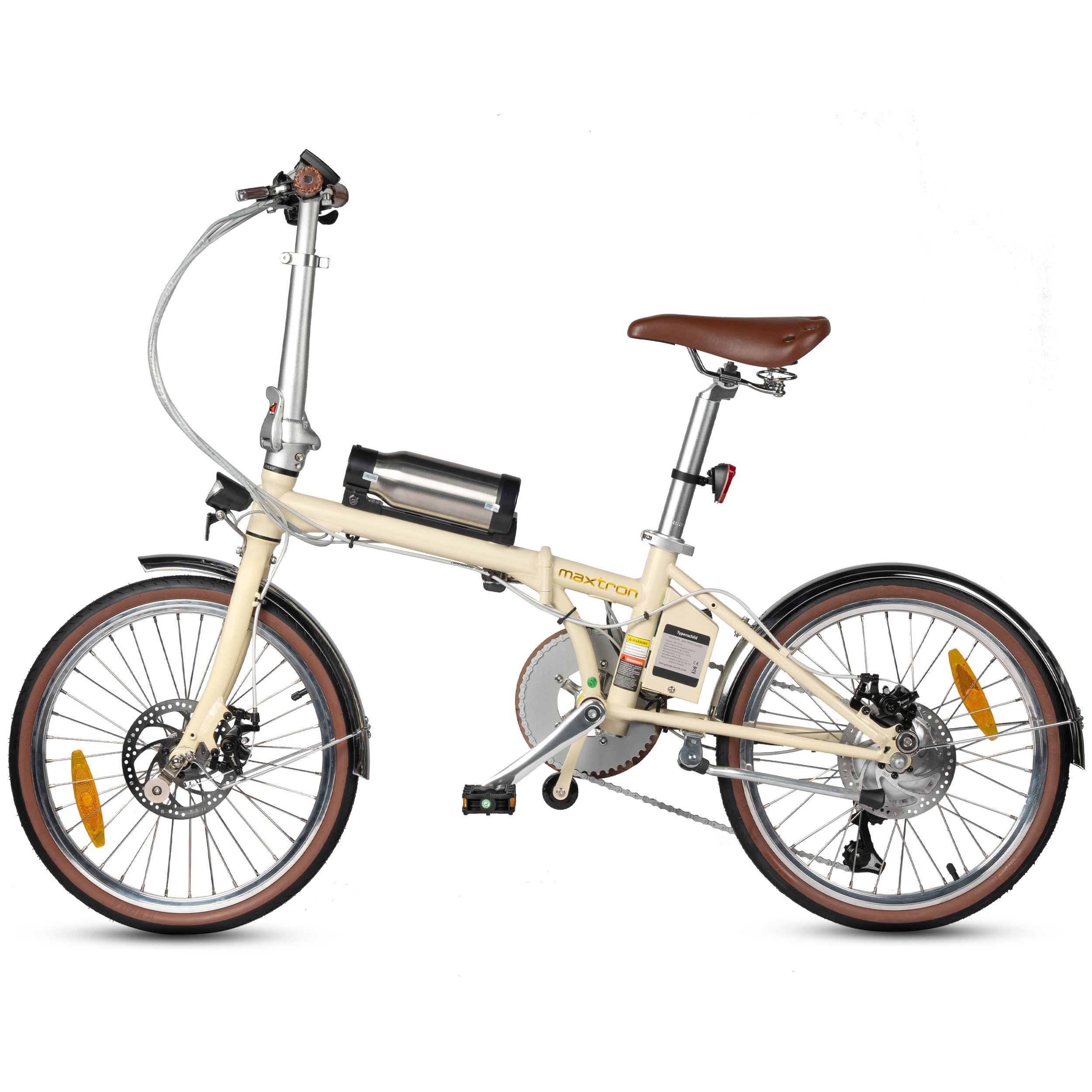 E-bike beige con pneumatici e sella marroni. Visibili: motore, batteria, parafanghi, freni. Scritta: Maxtron.