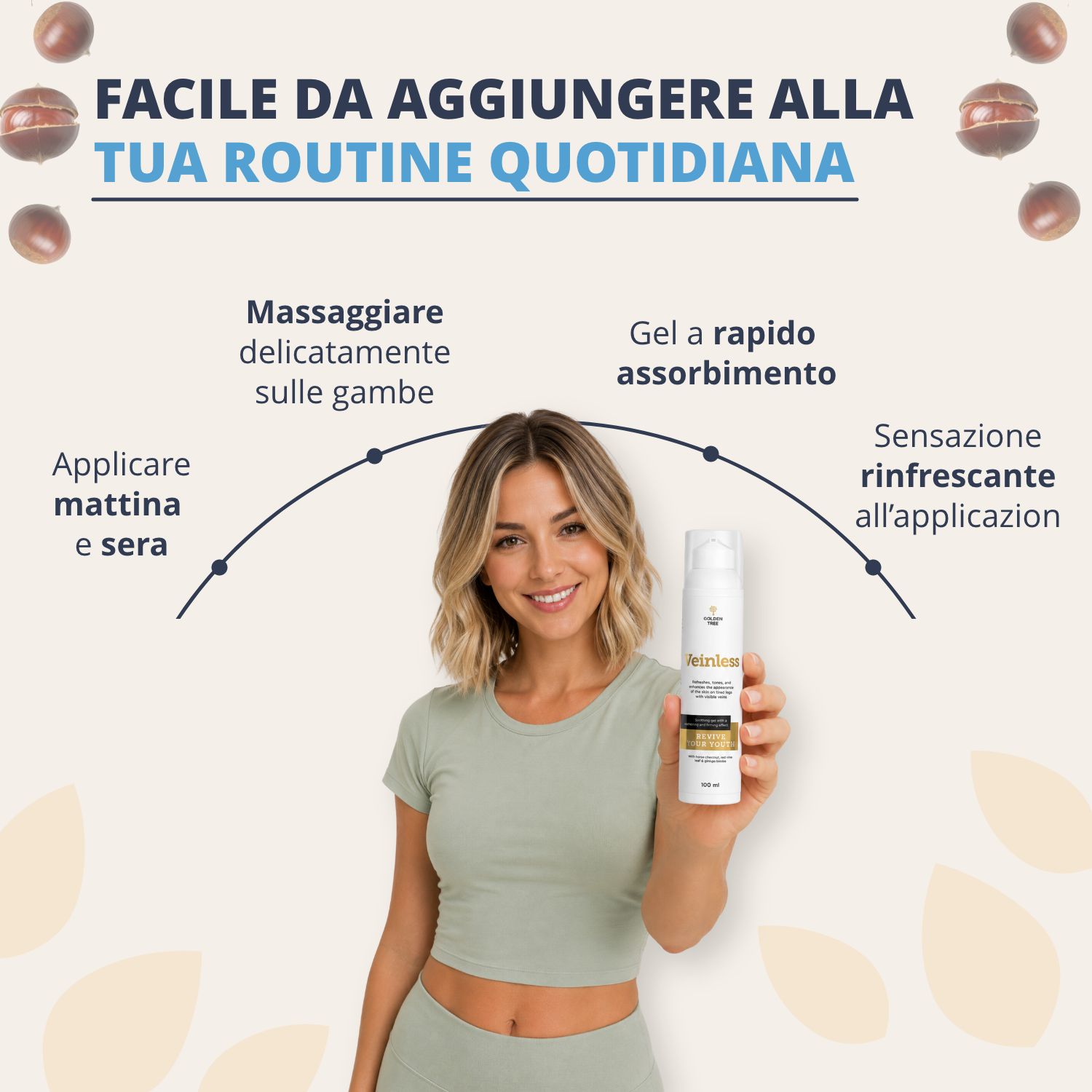 Donna tiene in mano un flacone Golden Tree Veinless, 100 ml, integrato nella routine quotidiana.