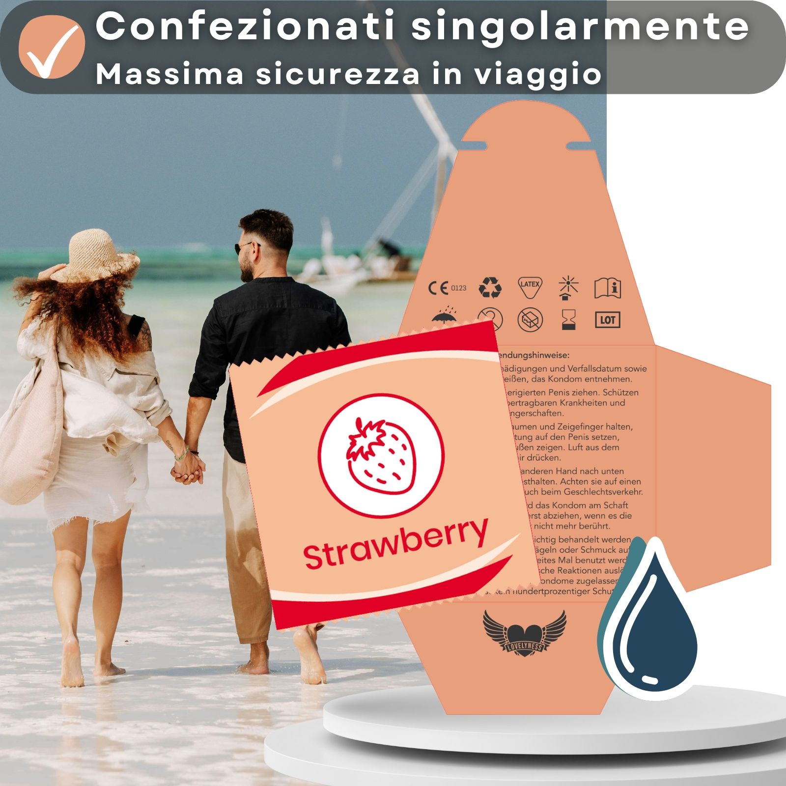 Confezione e preservativo. Testo: Confezionato singolarmente per la massima sicurezza.