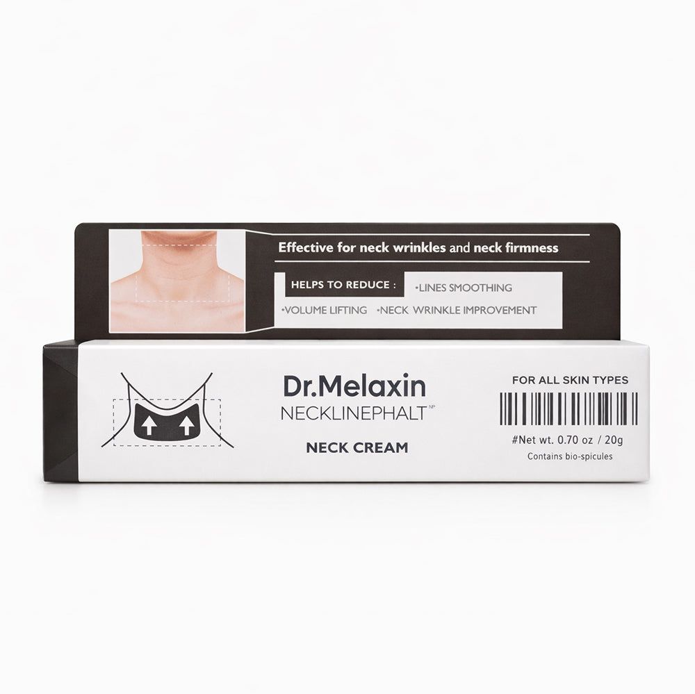 Confezione della crema per collo Dr. Melaxin Necklinephalt, mostra il collo e il testo.