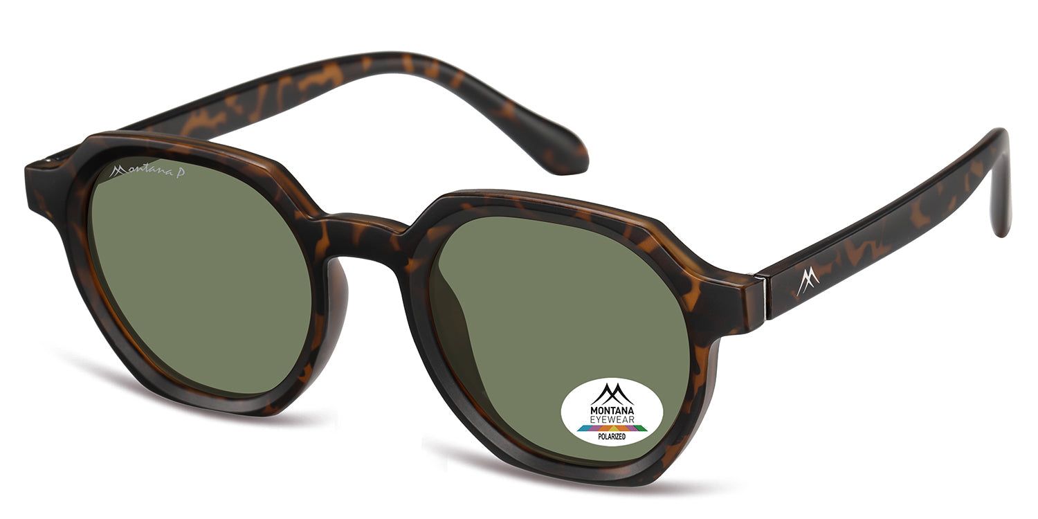 Occhiali da sole marroni e verdi. Il logo Montana Eyewear è visibile sull'asta.