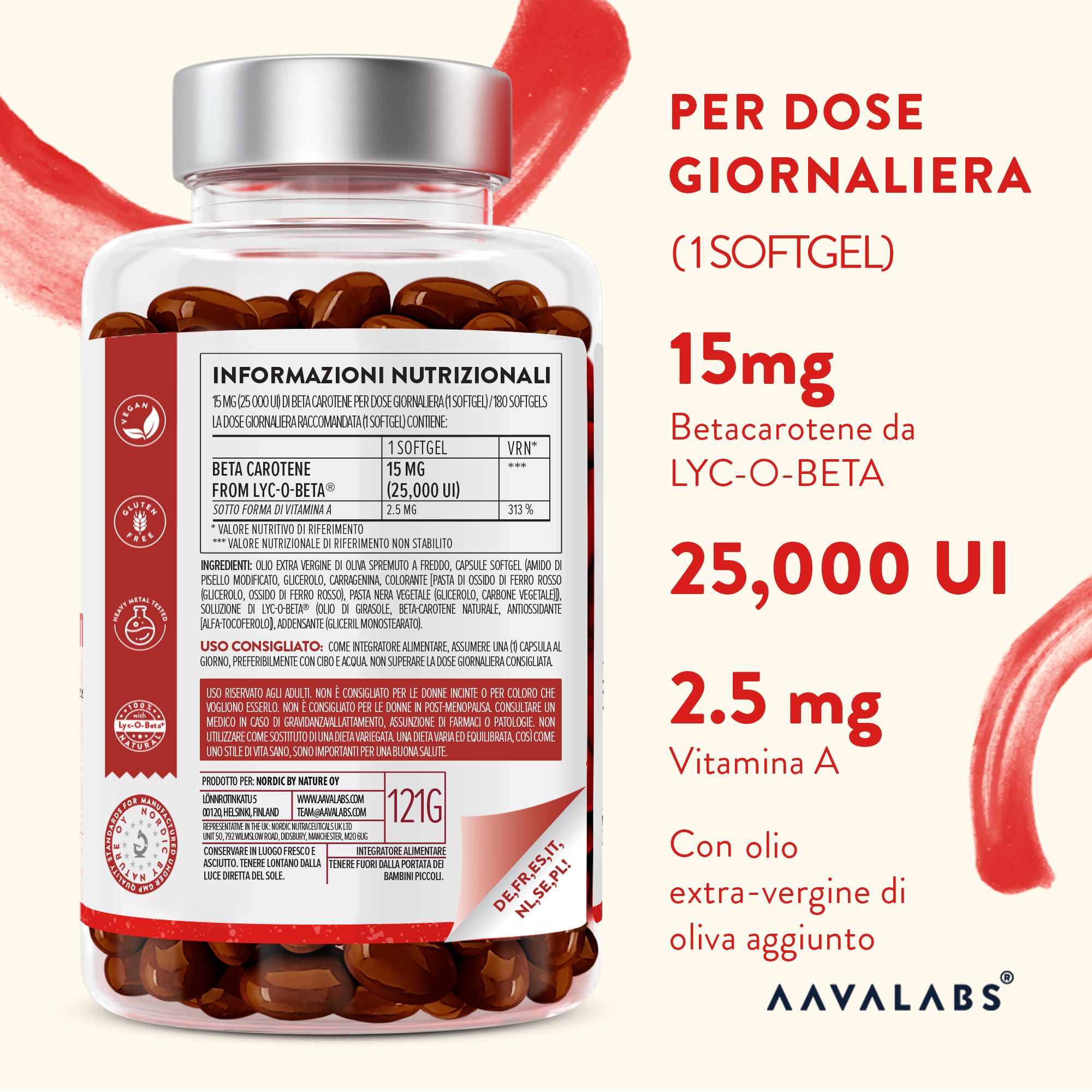 Retro del flacone con capsule marroni. Testo con informazioni nutrizionali. 15mg beta-carotene, 25.000 UI vitamina A. Con olio d'oliva.