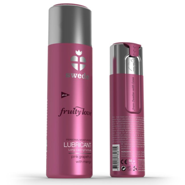 Lubrificante Swede Fruity Love al Pompelmo Rosa Mango. Flacone rosa con tappo argentato.