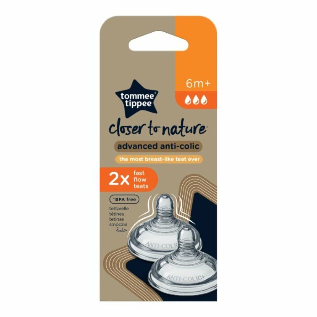 Confezione con due tettarelle trasparenti. Confezione con logo Tommee Tippee, testo: 6m+, 2x, senza BPA. Tettarelle con stampa Anti-Colic.