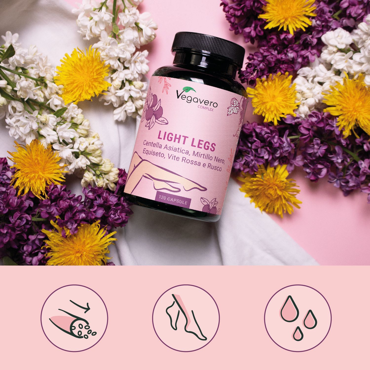 Flacone di capsule LIGHT LEGS circondato da fiori. Sfondo rosa con illustrazioni. 120 capsule.