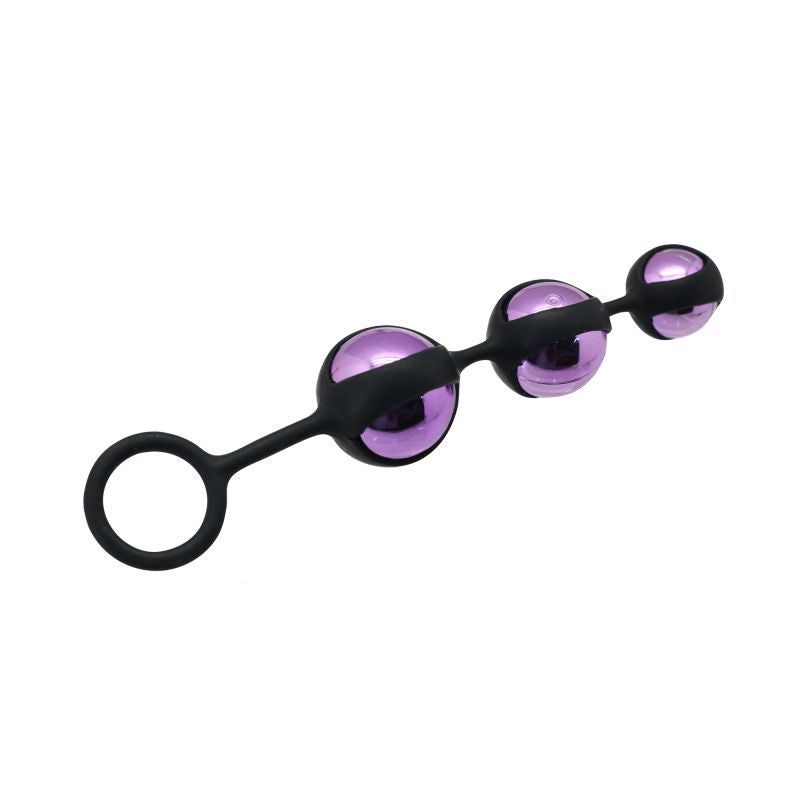 Tre sfere collegate con silicone nero. Le sfere sono viola.