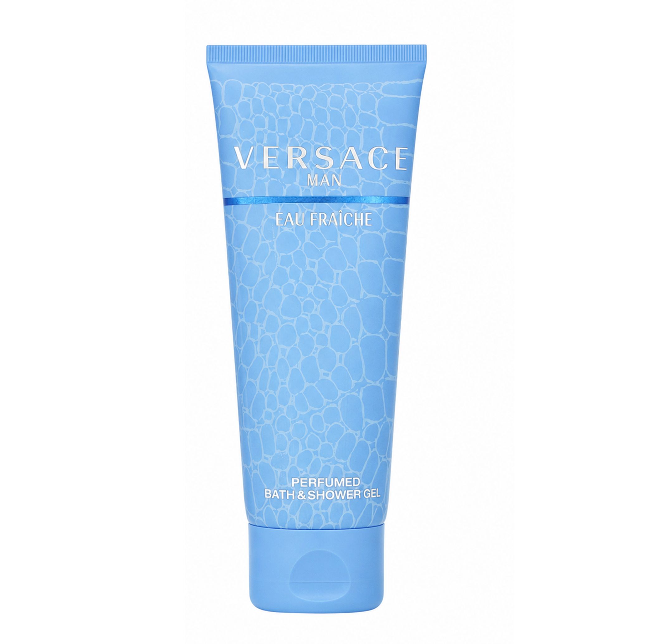 Gel doccia Versace Man Eau Fraiche in tubo blu con motivo a pelle di coccodrillo.