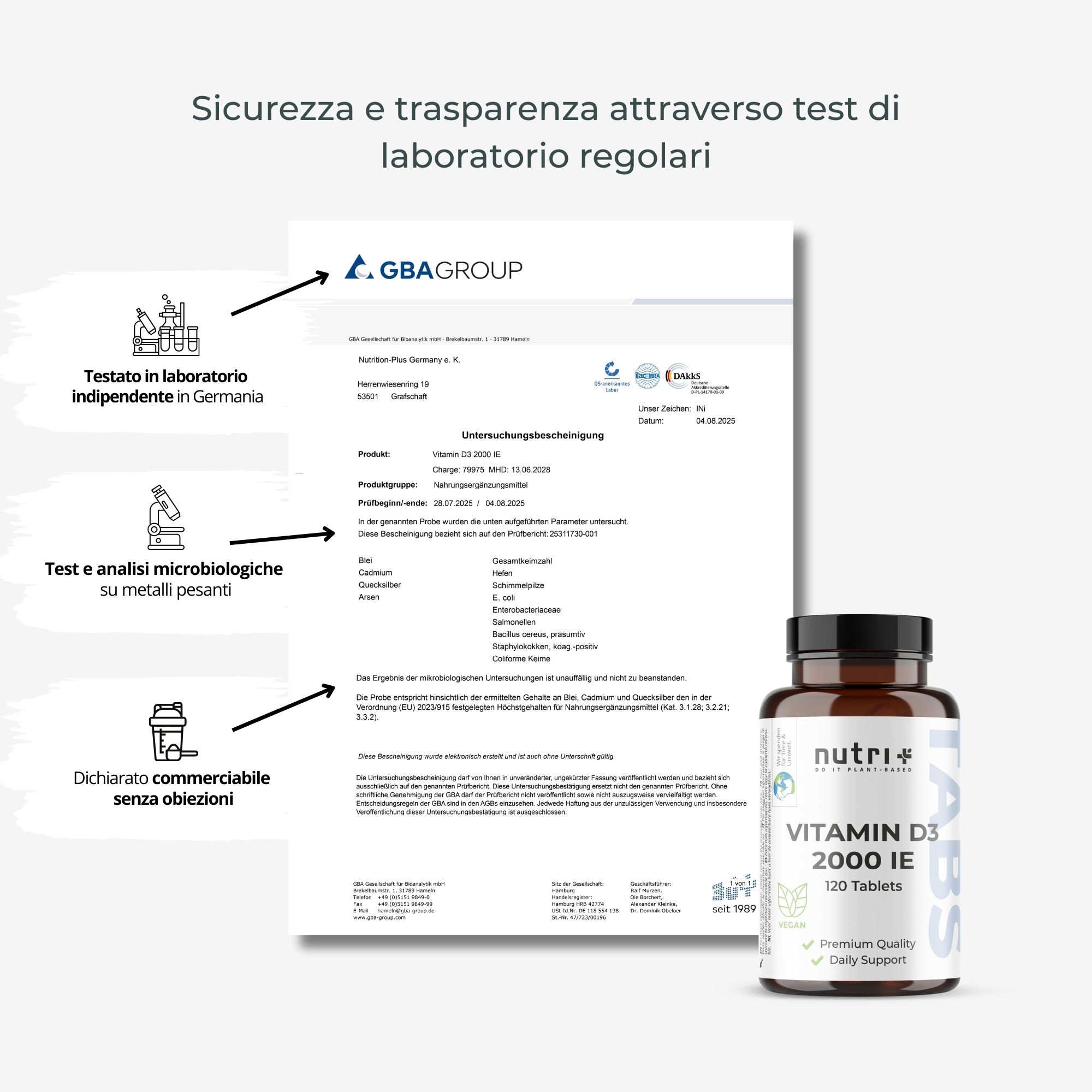 Documento di certificazione. Test di laboratorio indipendenti, test microbiologici, senza obiezioni, Vitamina D3 2000 UI.