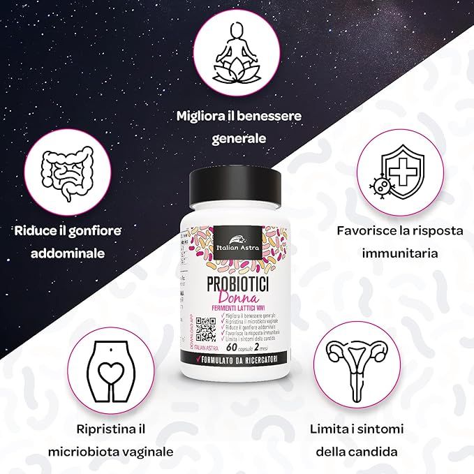 Flacone del prodotto con logo e scritta PROBIOTICI Donna. Circondato da icone che evidenziano i benefici: benessere generale, ecc.