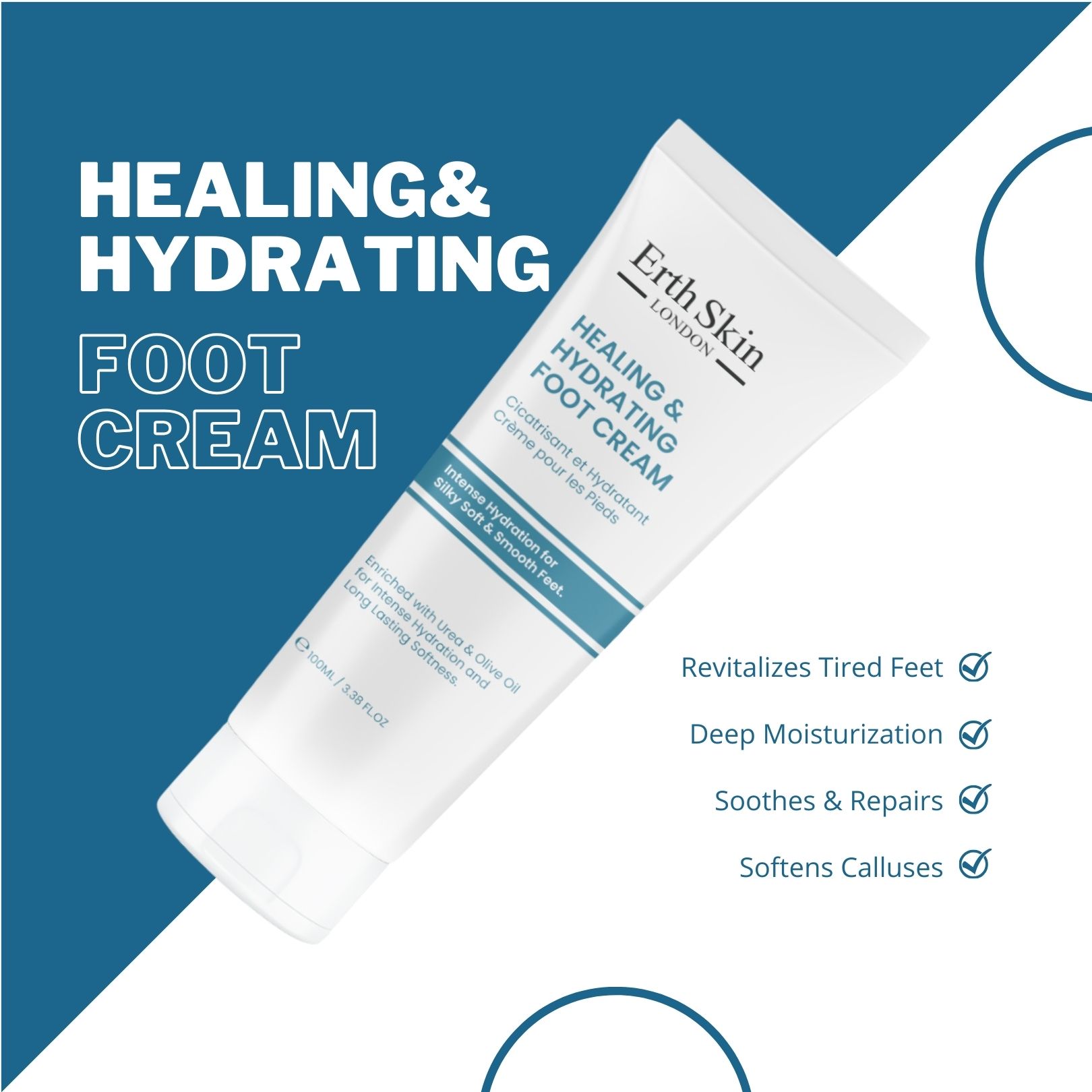 Tubo di crema per i piedi Erth Skin London, in diagonale. Testo: Healing & Hydrating Foot Cream. Elementi blu e segni di spunta.