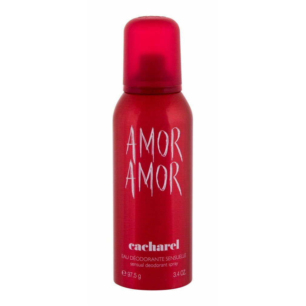 Flacone spray deodorante rosso con tappo rosso. Scritta "AMOR AMOR" e "cacharel". Testo: "Eau Déodorante Sensuelle".
