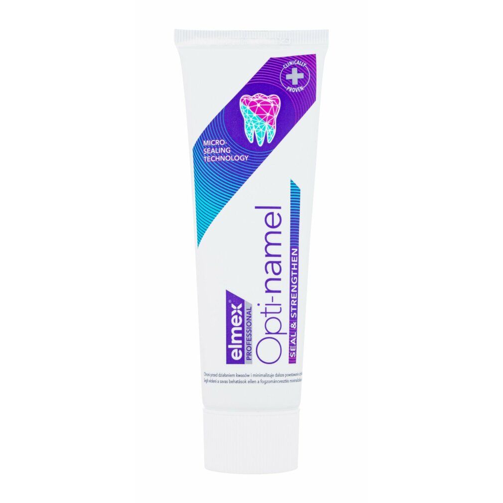 Tubo di dentifricio bianco con dettagli blu-viola. Scritta: elmex Opti-namel SEAL & STRENGTHEN. Micro Sealing Technology.