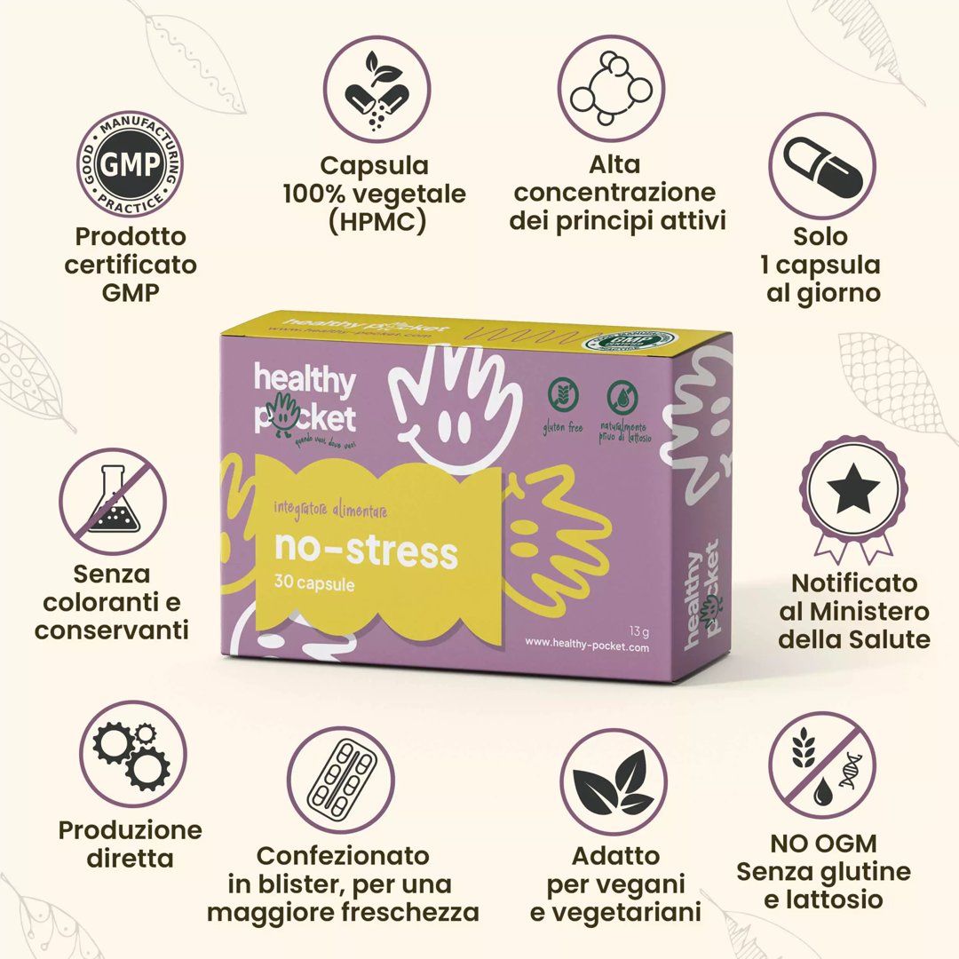 Confezione capsule No Stress con certificazioni e caratteristiche del prodotto.