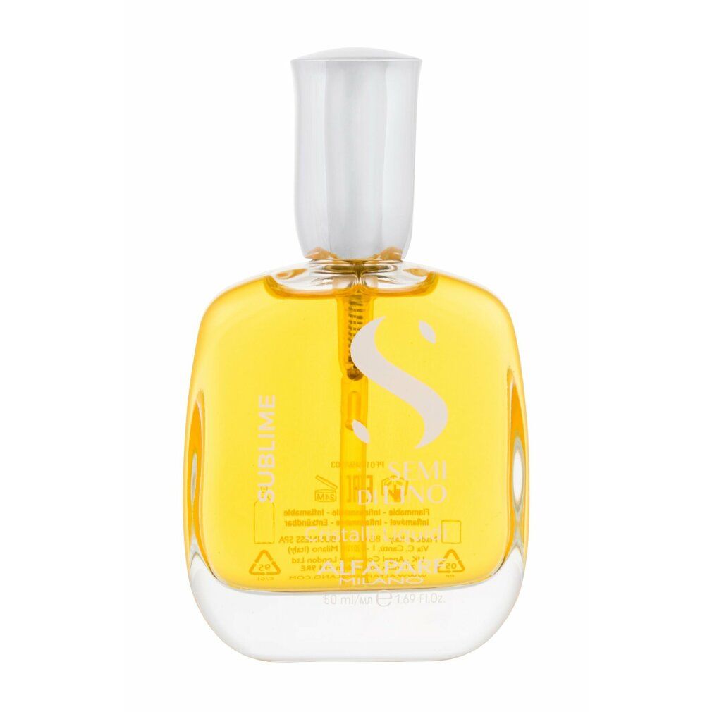 Flacone in vetro con liquido giallo. Scritte: Sublime, Semi Di Lino, Cristalli Liquidi, Alfaparf Milano.