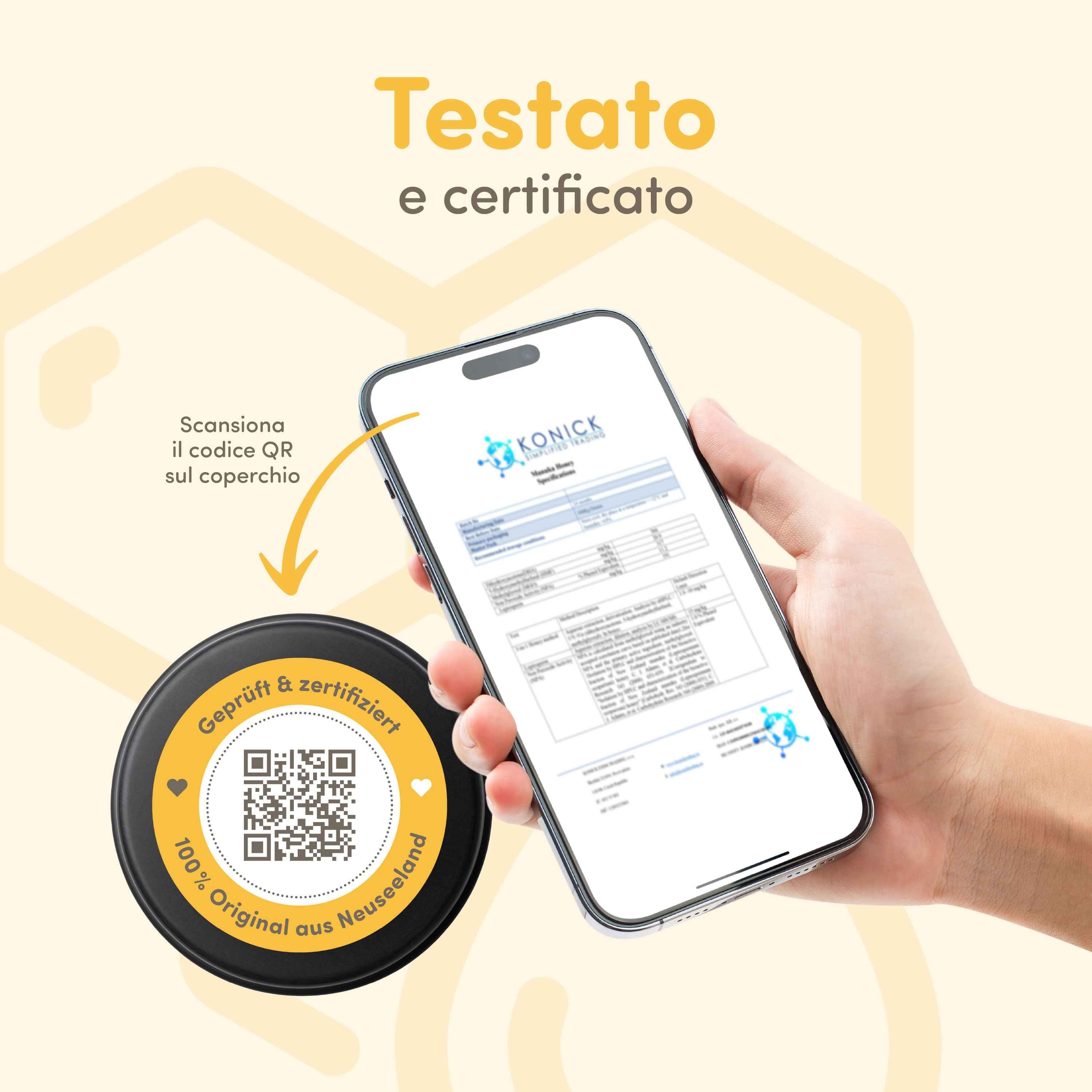 Mano che tiene uno smartphone con codice QR e certificato. "Testato e certificato".