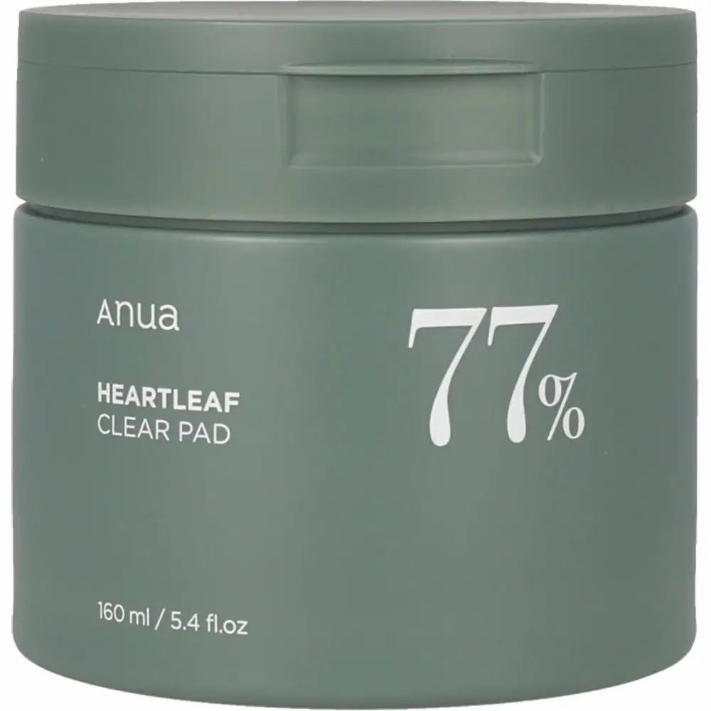 Barattolo verde con coperchio. Scritta: Anua, HEARTLEAF CLEAR PAD, 77%.
