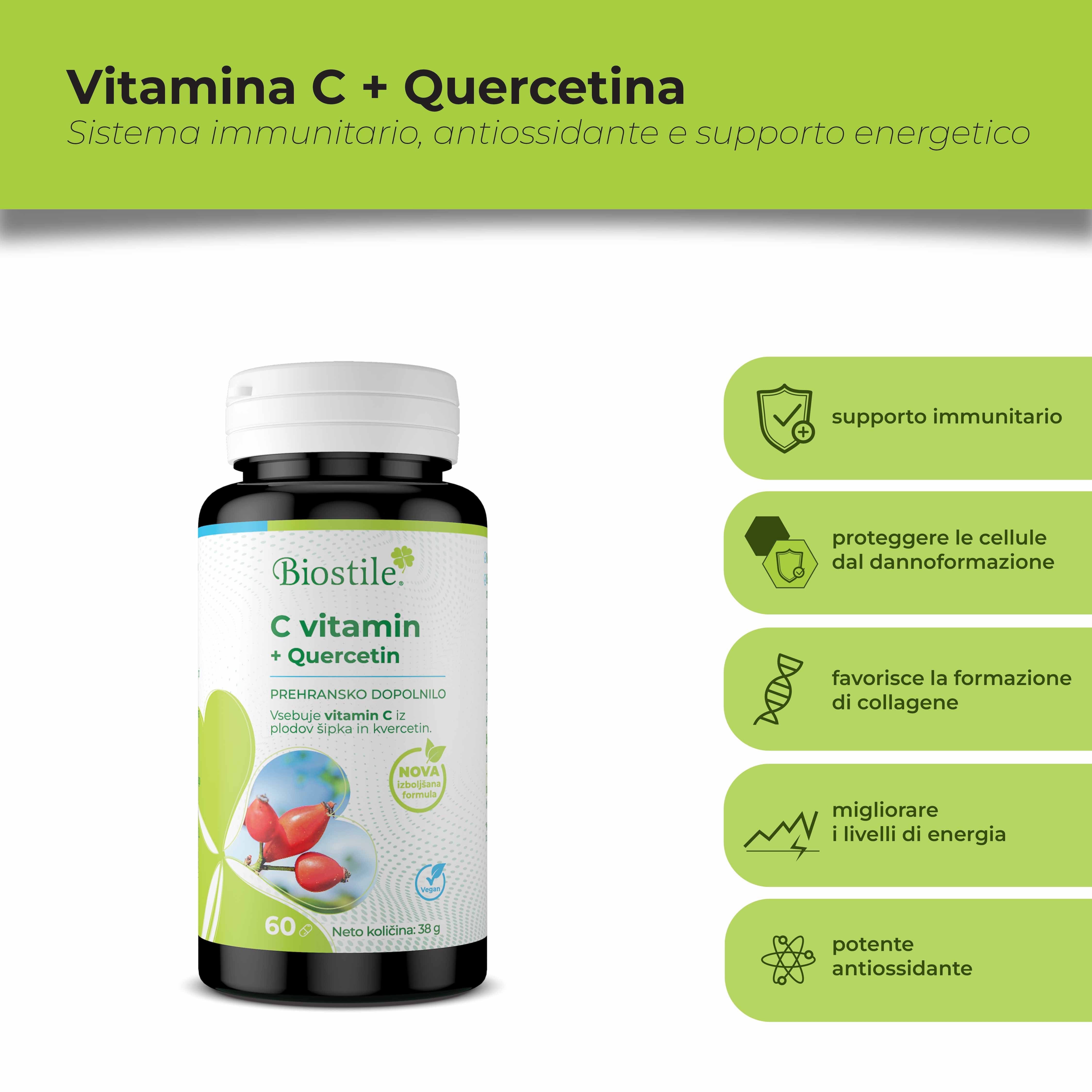 Flacone del prodotto con testo: C vitamin + Quercetin. Grafici mostrano i benefici: sistema immunitario, protezione cellulare, collagene.