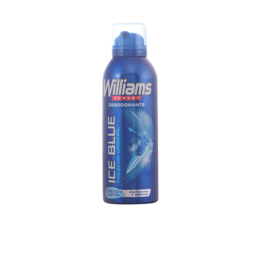 Spray deodorante blu Williams Expert Ice Blue. Scritta: Desodorante, Ice Blue, Frescor Original. Immagine di un kayakista.