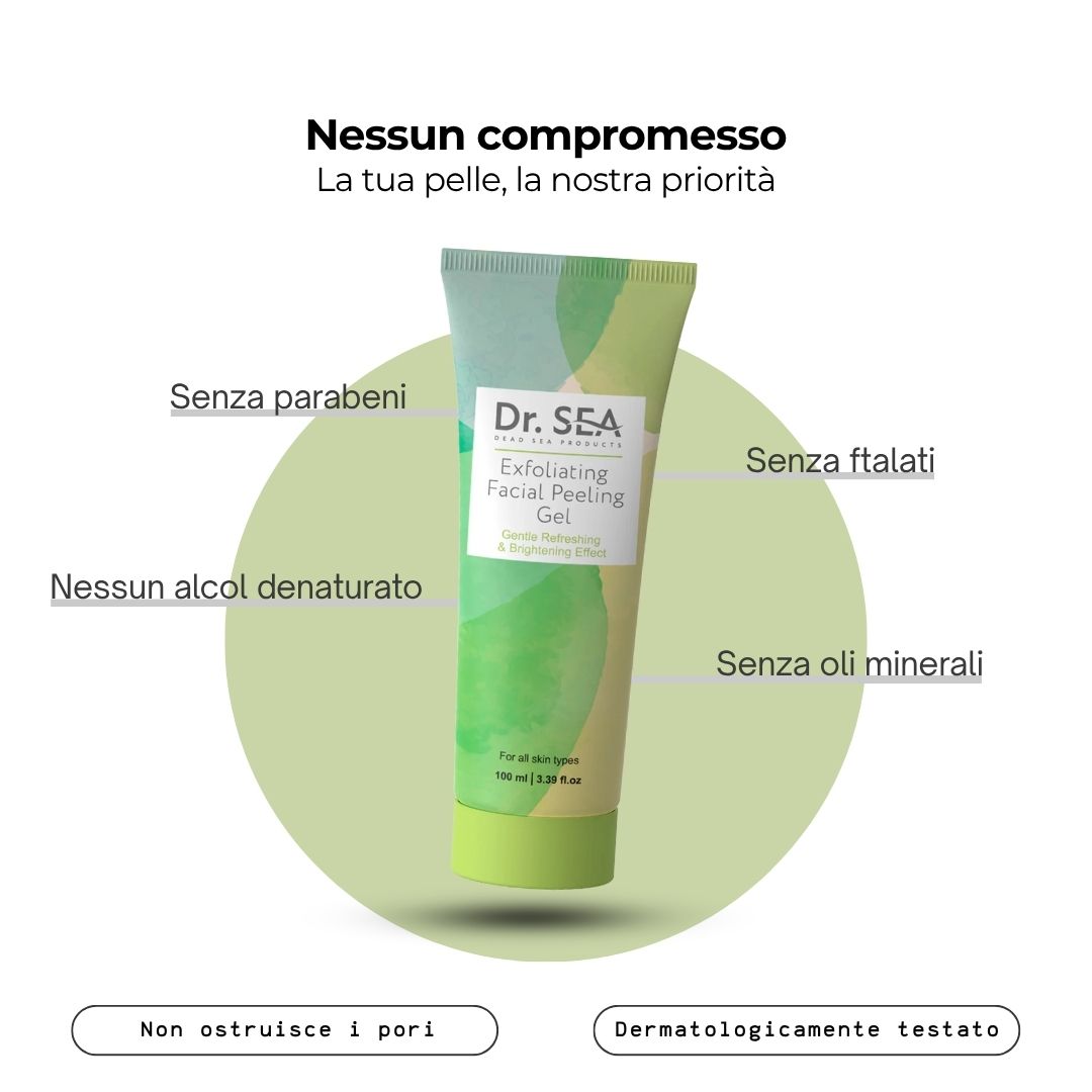 Tubo di gel con testo. Scritta: Dr. SEA, Esfoliante viso. Senza parabeni, ecc.