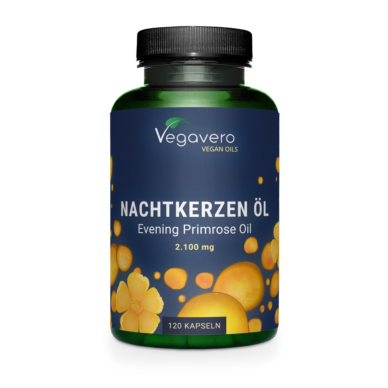 Flacone verde con tappo nero. Scritta: Nachtkerzen Öl, 120 capsule. Illustrazioni di fiori gialli.