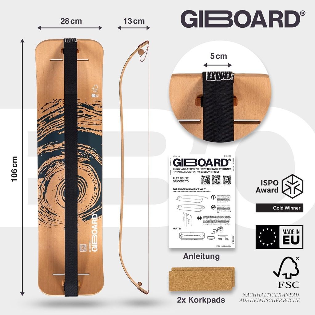 GIBOARD SET - ACTIVE BLACK: Balance Board (106x28x13 cm) con cinghia nera, istruzioni e 2 pad in sughero.