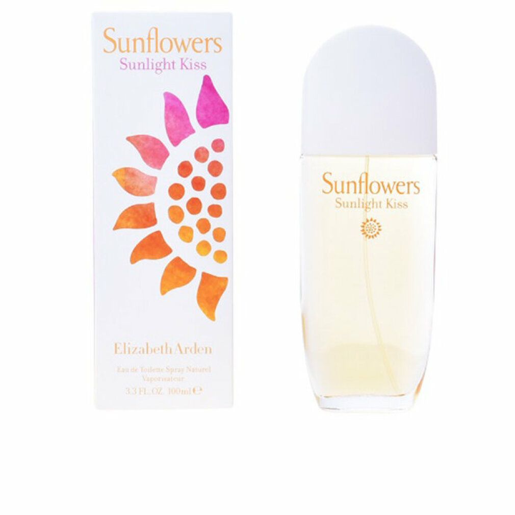 Elizabeth Arden Sunflowers Sunlight Kiss. Flacone e confezione. Flacone con tappo bianco. Design girasole sulla confezione.