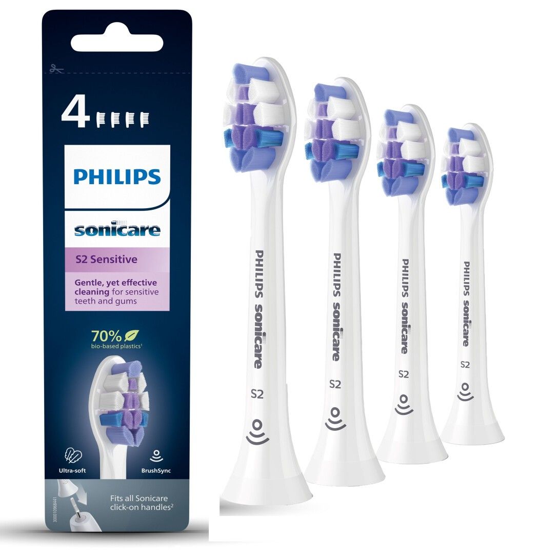 Confezione da 4 testine Philips Sonicare S2 Sensitive. Testine bianche con setole viola e blu. Confezione con informazioni sul prodotto.