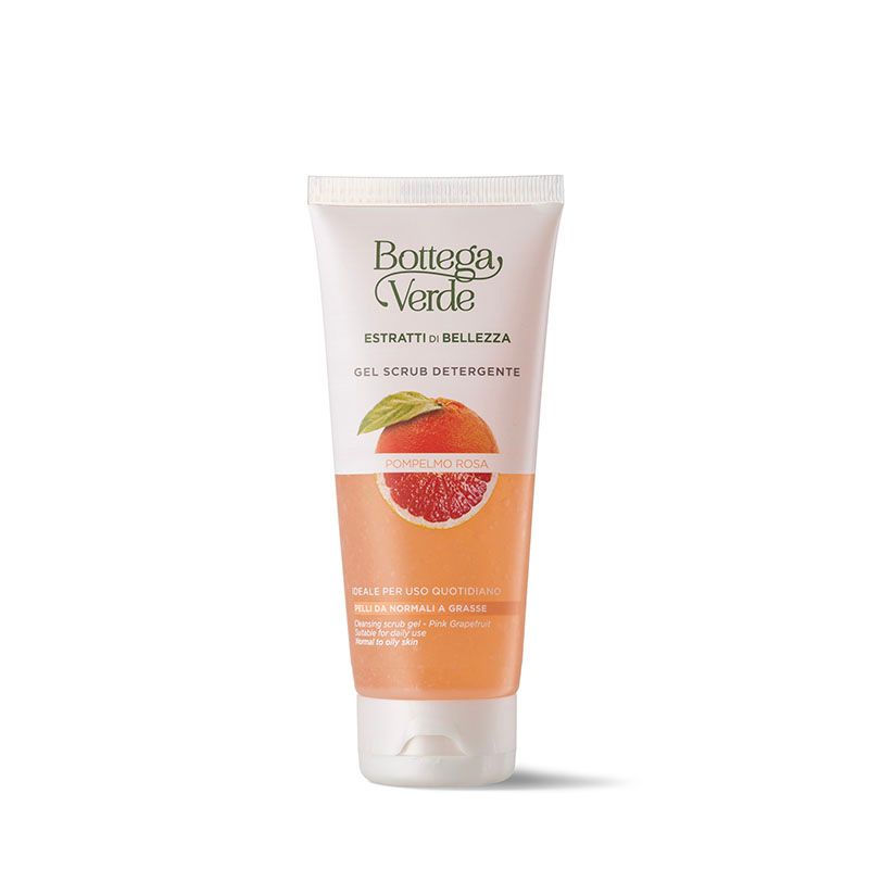 Tubo Bottega Verde bianco-arancio, illustrazione pompelmo. Testo: Gel Scrub Detergente. Per pelli normali e grasse.