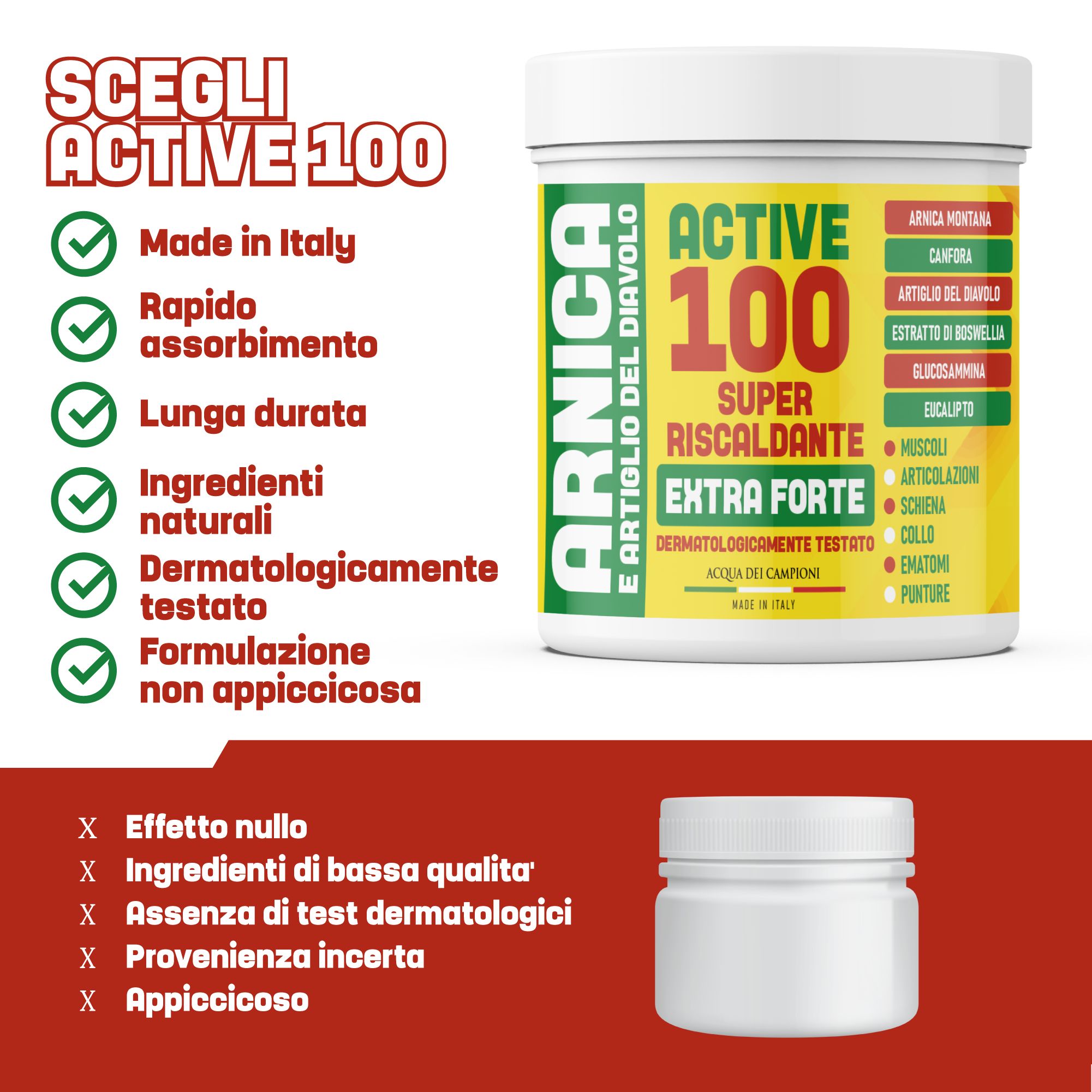 Vaso di prodotto bianco e confezione. Testo: Active 100, Made in Italy, rapido assorbimento, lunga durata, ingredienti naturali.