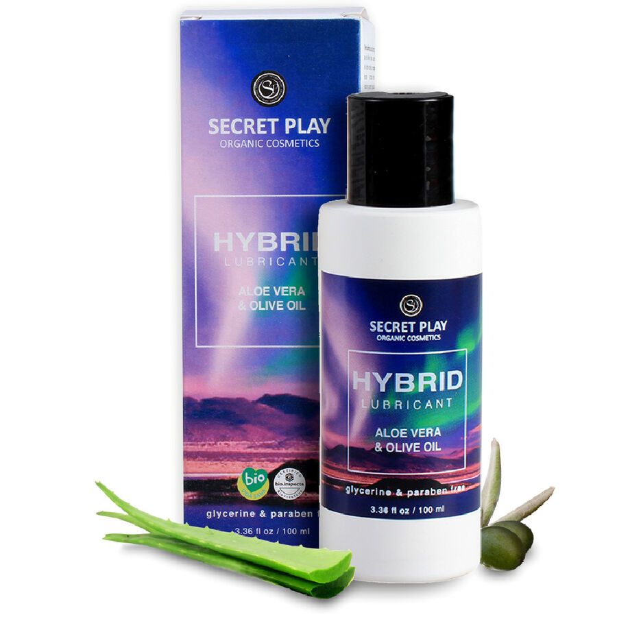 Flacone di lubrificante Secret Play "Organic hybrid" con Aloe Vera & Olio d'Oliva. Con fette di aloe e ramoscello d'ulivo.