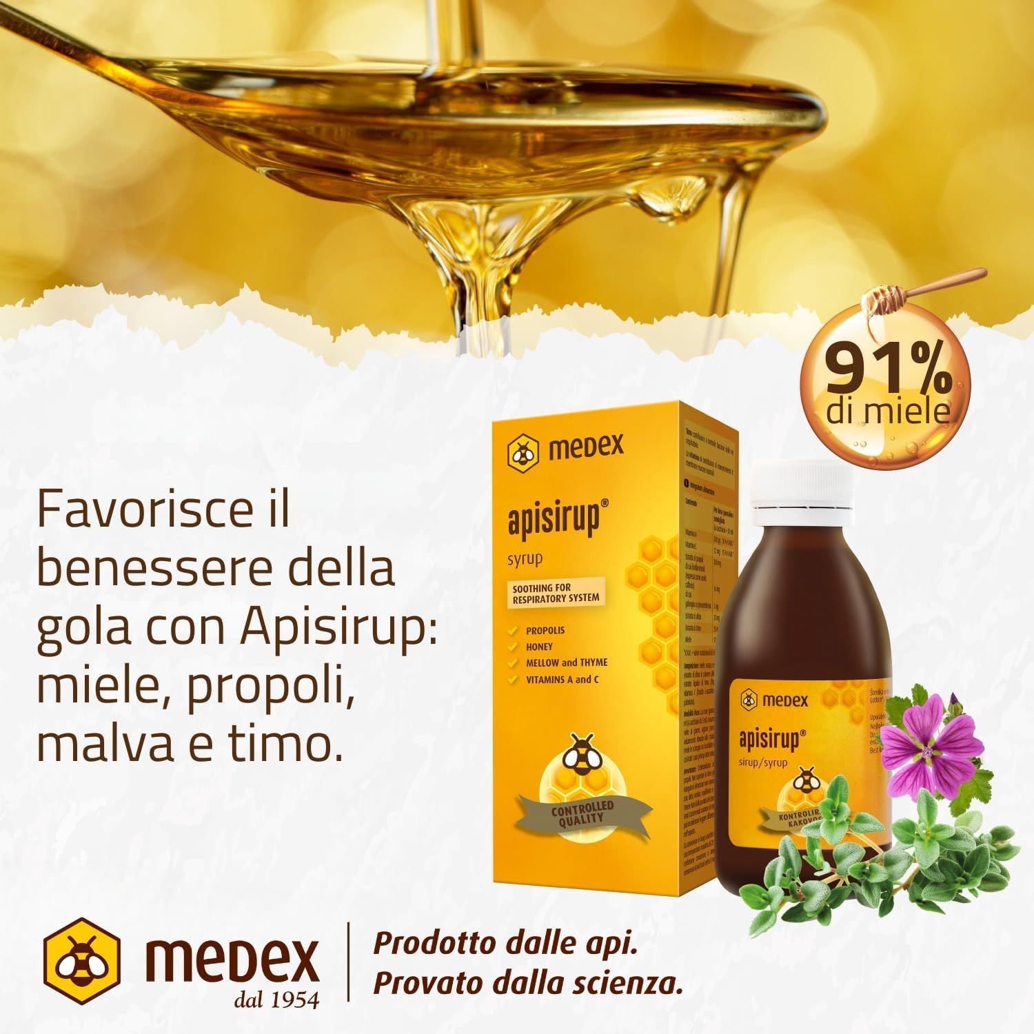 Bottiglia e scatola Medex Apisirup con miele, propoli, malva e timo. 91% di miele.
