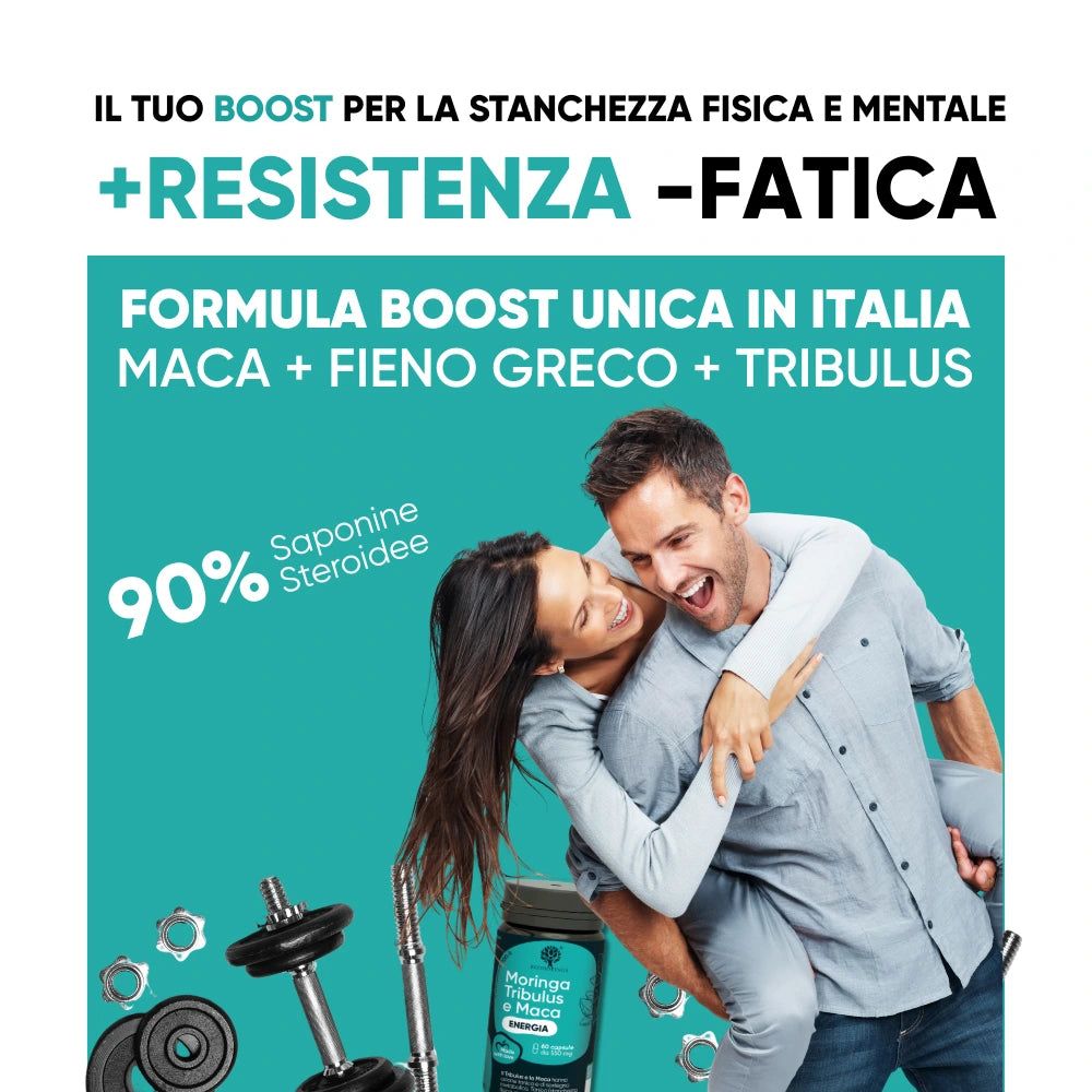 Uomo porta donna. Testo: +RESISTENZA -STANCHEZZA. Formula: Maca + Fieno greco + Tribulus. 90% Saponine.