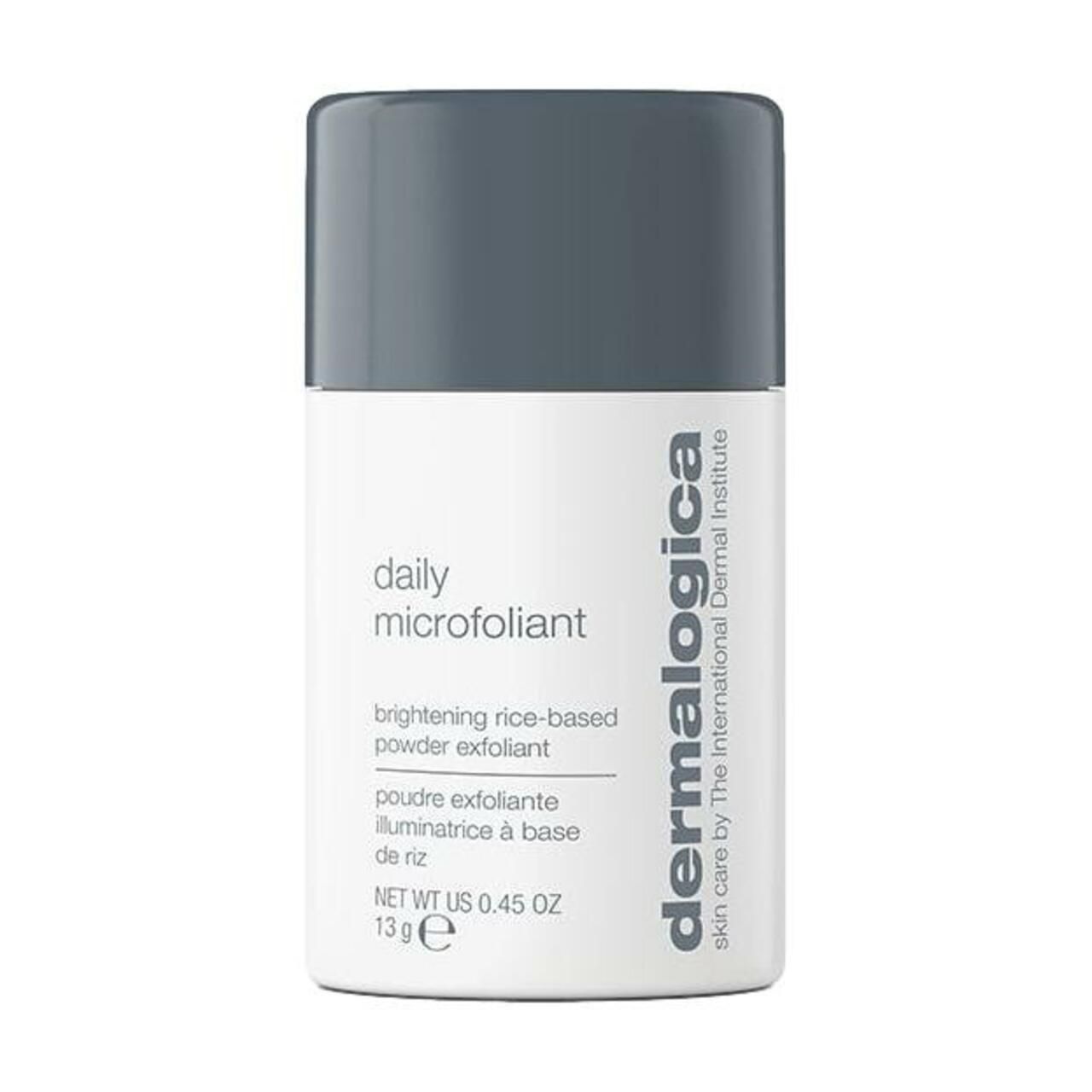 Flacone cilindrico bianco e grigio. Scritta: daily microfoliant, dermalogica. 13 g.