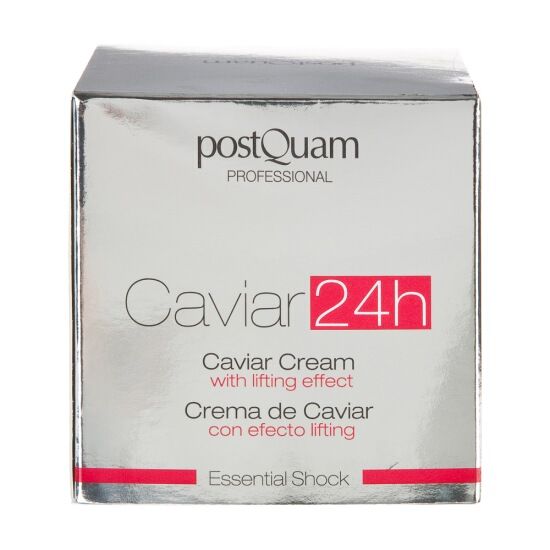 Confezione argentata con scritta: Caviar 24h, Caviar Cream with lifting effect, Postquam Professional.