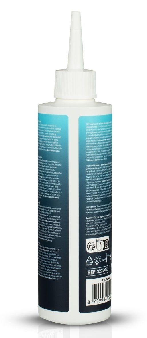 Retro di un flacone con tappo bianco. Testo: Easyglide Waterbased Lubricant. Informazioni in più lingue, tra cui italiano e inglese.