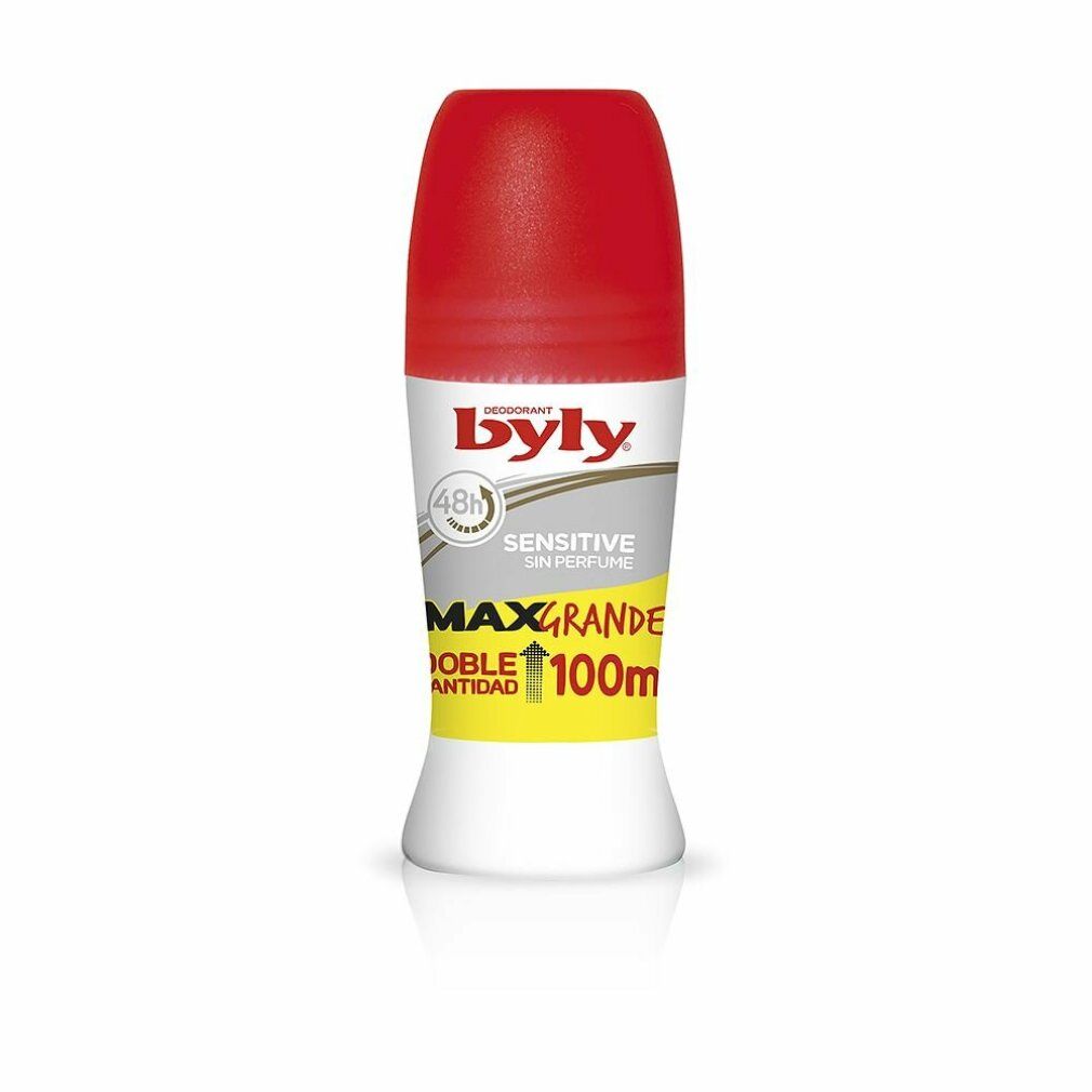 Deodorante roll-on bianco e rosso. Scritte: Byly, Sensitive, 48h, senza profumo, Max Grande, 100m.