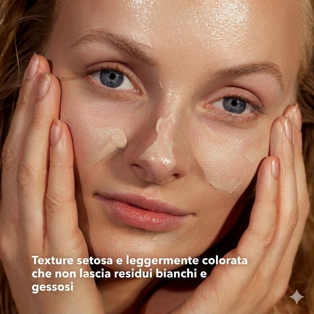 Donna con crema solare sul viso. Testo: Texture setosa e leggermente colorata che non lascia residui bianchi e gessosi.