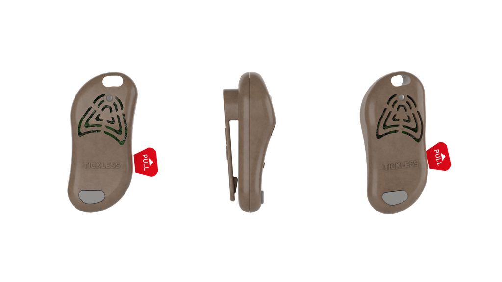 Tre viste del Tickless Eco Erwachsene. Marrone, con linguetta rossa. Con clip per il fissaggio.